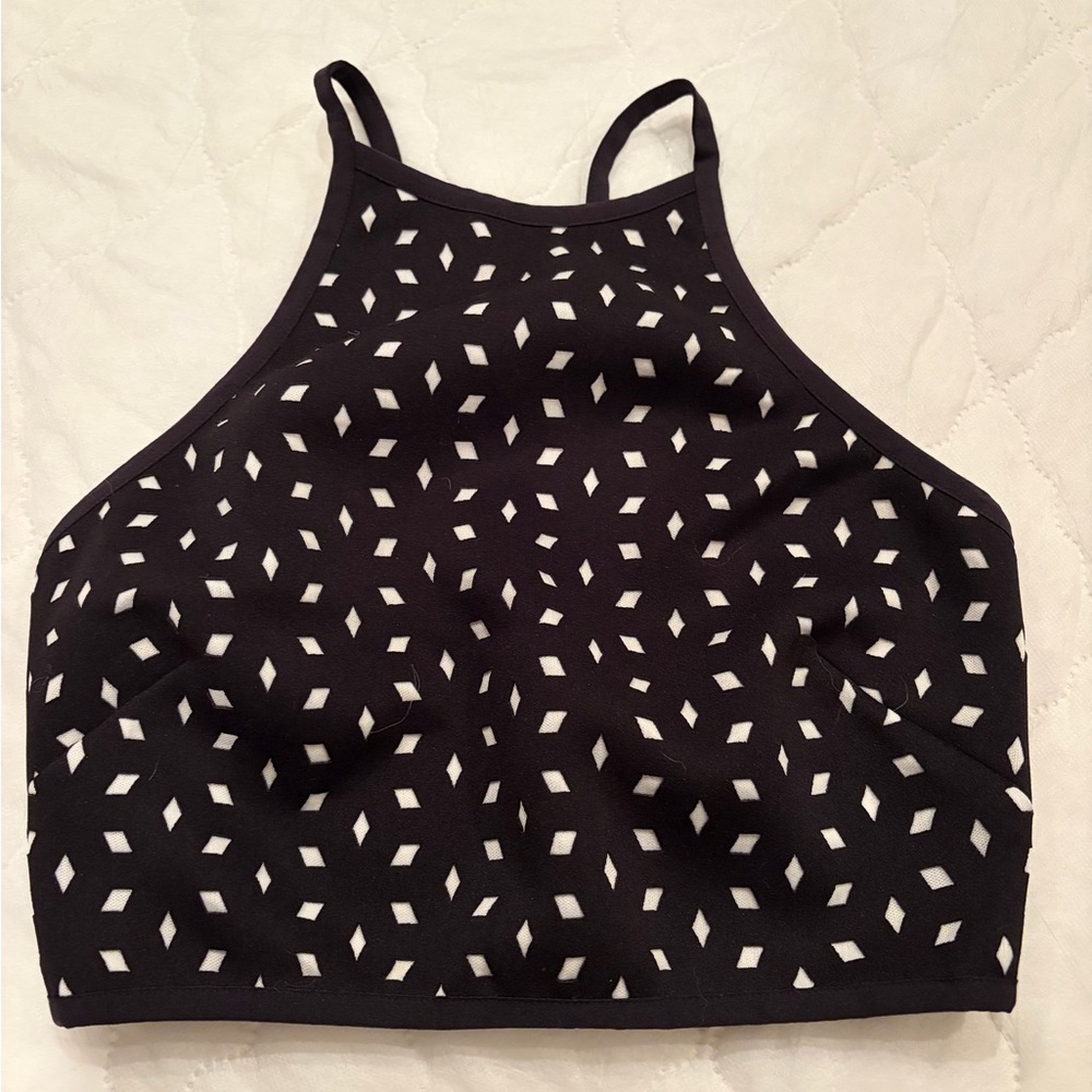 Bec + Bridge High Neck Black Crop Top with White Diamond Cutout Pattern